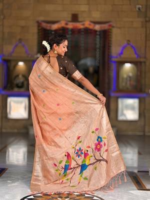Peach cotton silk saree with traditional bird motifs pallu with blouse 2