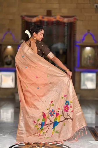 Peach cotton silk saree with traditional bird motifs pallu with blouse