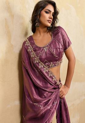 Mauve metallic velvet satin cutdana-beads, sequins, zari work saree with blouse 3