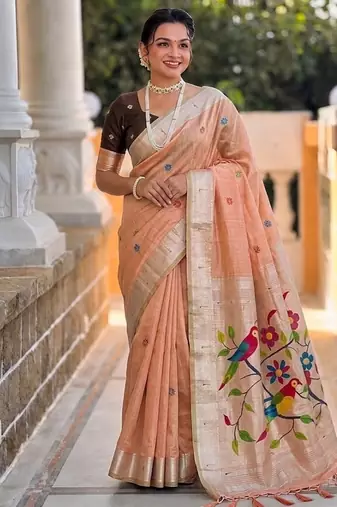 Peach cotton silk saree with traditional bird motifs pallu with blouse