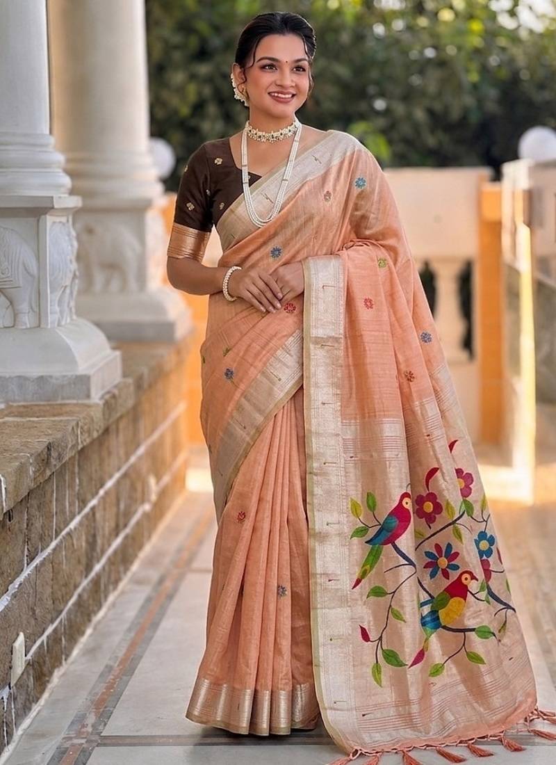 Peach cotton silk saree with traditional bird motifs pallu with blouse