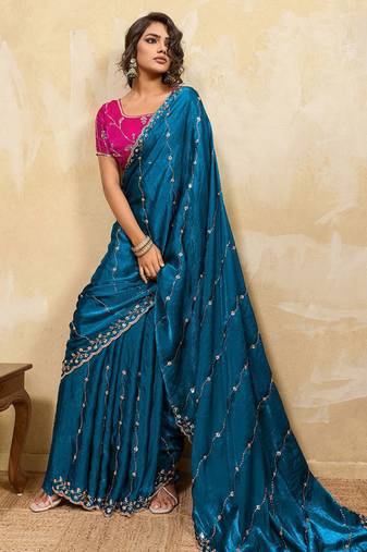 Aqua blue metallic velvet satin cutdana-beads, sequins, zari work saree with blouse