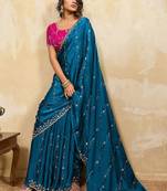 Aqua blue metallic velvet satin cutdana-beads, sequins, zari work saree with blouse