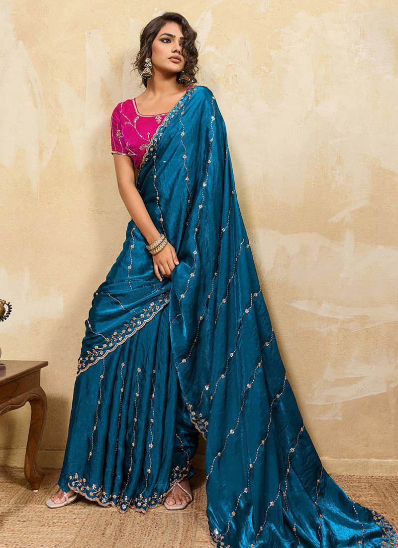 Aqua blue metallic velvet satin cutdana-beads, sequins, zari work saree with blouse