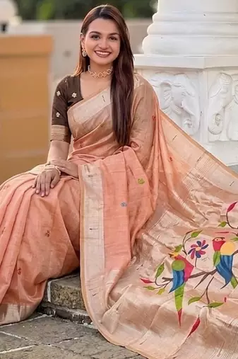 Peach cotton silk saree with traditional bird motifs pallu with blouse