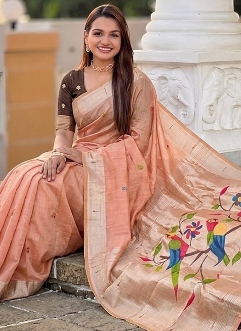 Peach cotton silk saree with traditional bird motifs pallu with blouse