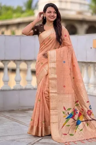 Peach cotton silk saree with traditional bird motifs pallu with blouse