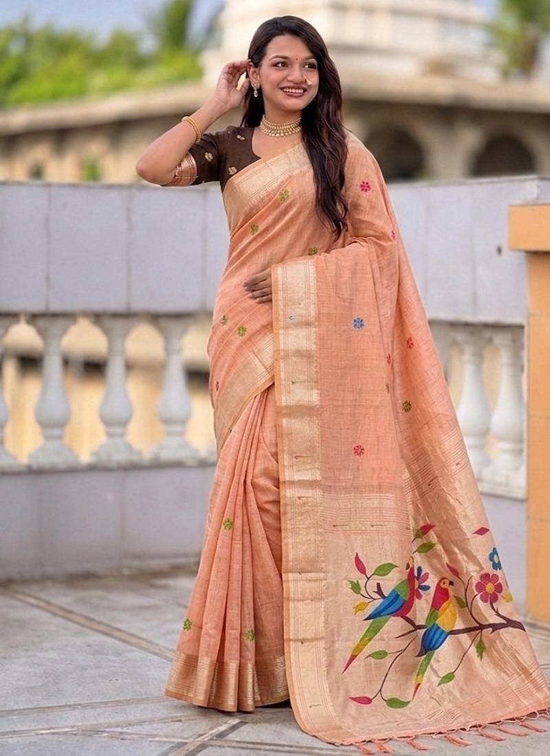 Peach cotton silk saree with traditional bird motifs pallu with blouse