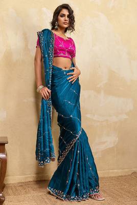 Aqua blue metallic velvet satin cutdana-beads, sequins, zari work saree with blouse 2