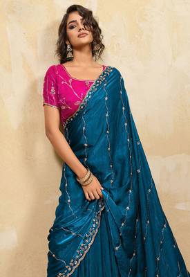 Aqua blue metallic velvet satin cutdana-beads, sequins, zari work saree with blouse 3