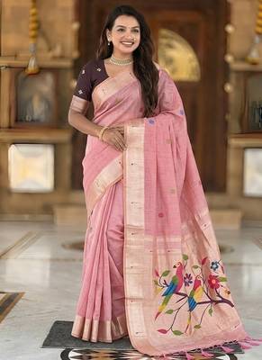 Pink cotton silk saree with traditional bird motifs pallu with blouse 1