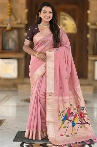 Pink cotton silk saree with traditional bird motifs pallu with blouse