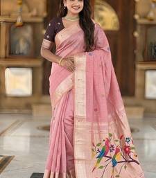 Pink cotton silk saree with traditional bird motifs pallu with blouse