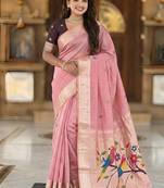 Pink cotton silk saree with traditional bird motifs pallu with blouse