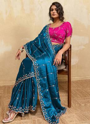 Aqua blue metallic velvet satin cutdana-beads, sequins, zari work saree with blouse 4