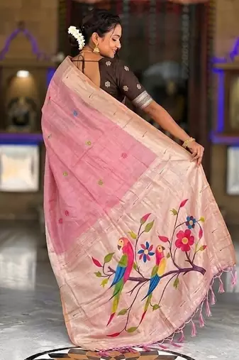Pink cotton silk saree with traditional bird motifs pallu with blouse