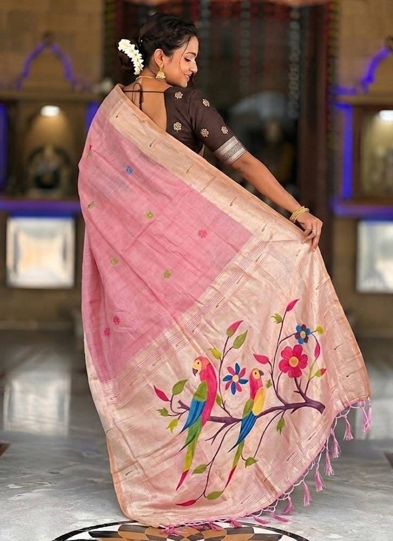 Pink cotton silk saree with traditional bird motifs pallu with blouse