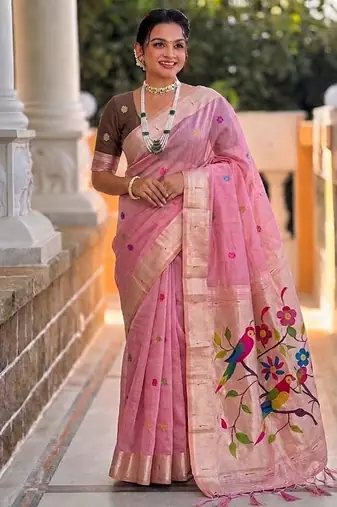 Pink cotton silk saree with traditional bird motifs pallu with blouse