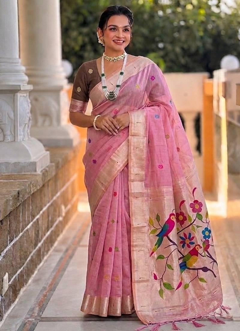 Pink cotton silk saree with traditional bird motifs pallu with blouse