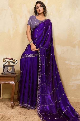 Violet metallic velvet satin cutdana-beads, sequins, zari work saree with blouse