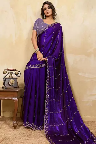 Violet metallic velvet satin cutdana-beads, sequins, zari work saree with blouse