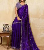 Violet metallic velvet satin cutdana-beads, sequins, zari work saree with blouse