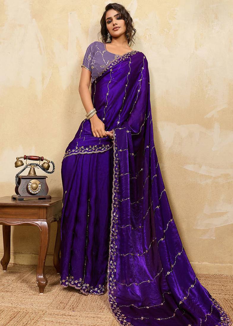 Violet metallic velvet satin cutdana-beads, sequins, zari work saree with blouse