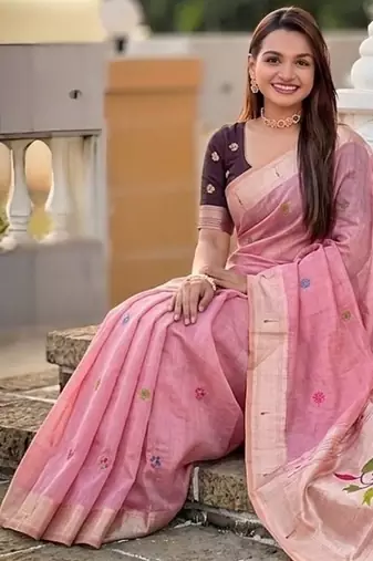 Pink cotton silk saree with traditional bird motifs pallu with blouse