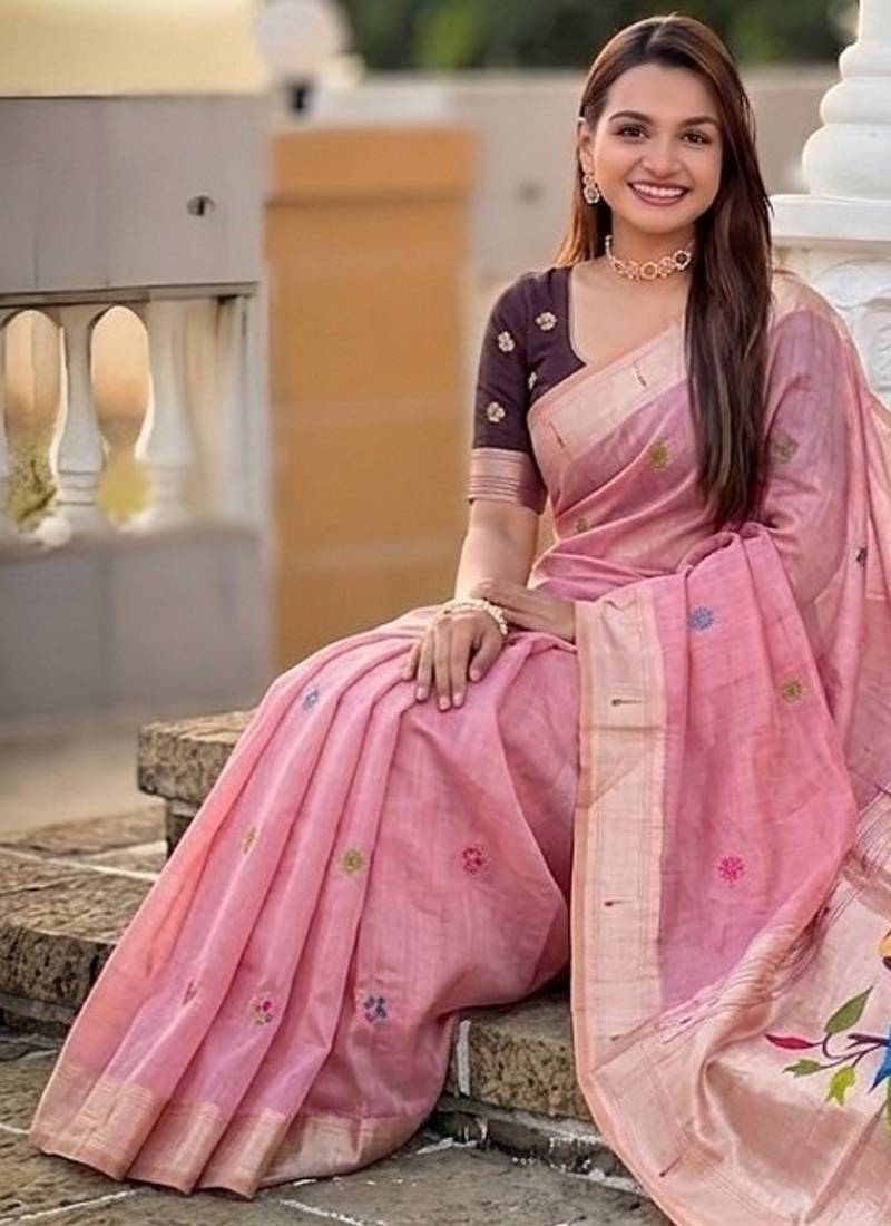 Pink cotton silk saree with traditional bird motifs pallu with blouse