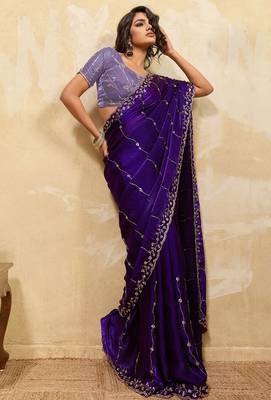 Violet metallic velvet satin cutdana-beads, sequins, zari work saree with blouse 2