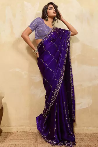 Violet metallic velvet satin cutdana-beads, sequins, zari work saree with blouse