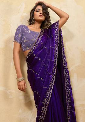 Violet metallic velvet satin cutdana-beads, sequins, zari work saree with blouse 3