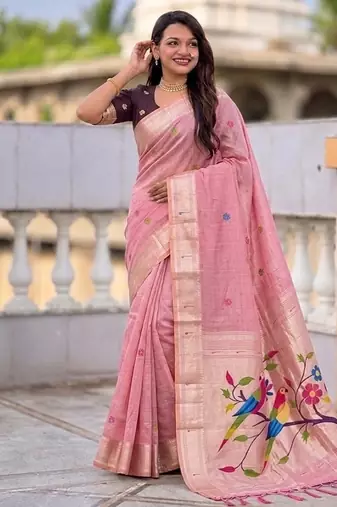 Pink cotton silk saree with traditional bird motifs pallu with blouse