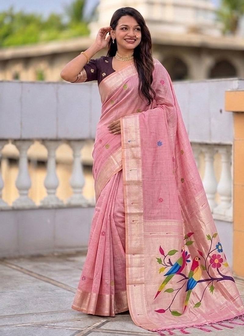 Pink cotton silk saree with traditional bird motifs pallu with blouse