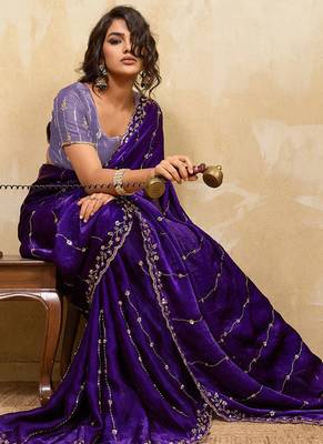 Violet metallic velvet satin cutdana-beads, sequins, zari work saree with blouse 5