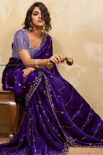 Violet metallic velvet satin cutdana-beads, sequins, zari work saree with blouse