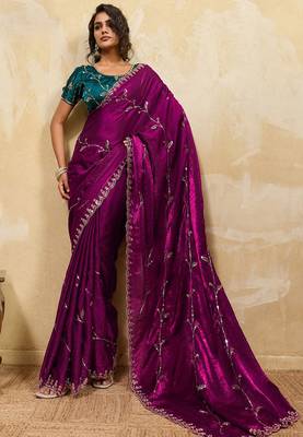 Magenta metallic velvet satin cutdana-beads, sequins, zari work saree with blouse 1