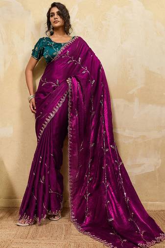 Magenta metallic velvet satin cutdana-beads, sequins, zari work saree with blouse