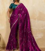 Magenta metallic velvet satin cutdana-beads, sequins, zari work saree with blouse