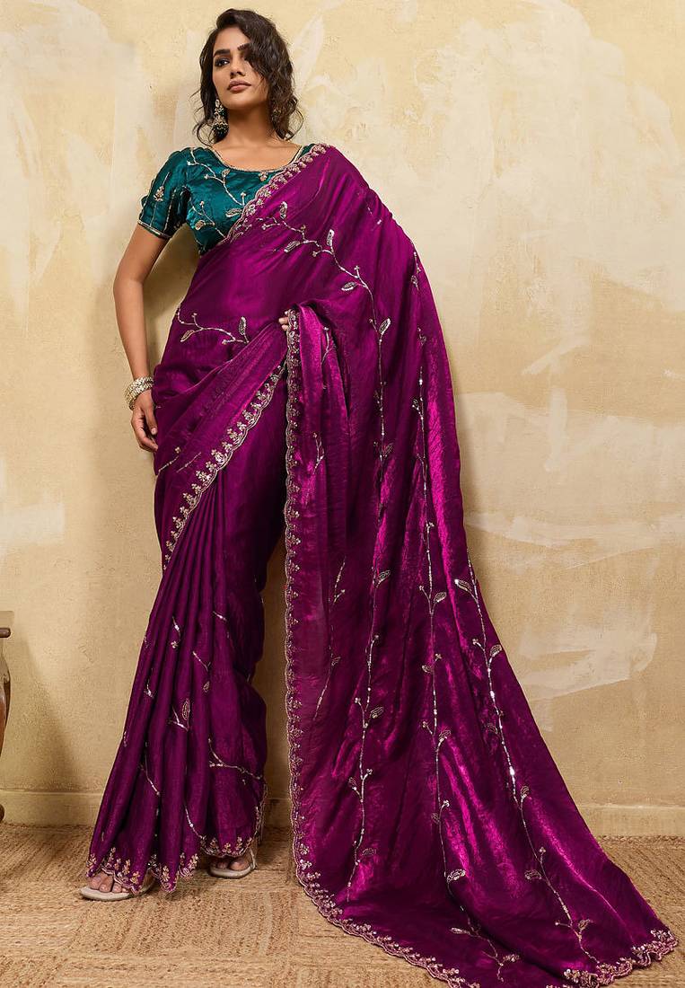 Magenta metallic velvet satin cutdana-beads, sequins, zari work saree with blouse