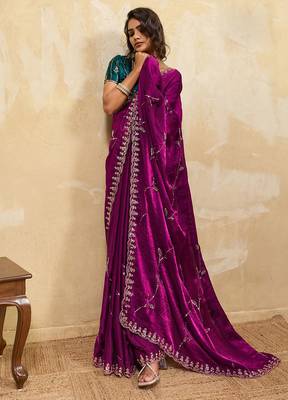 Magenta metallic velvet satin cutdana-beads, sequins, zari work saree with blouse 2