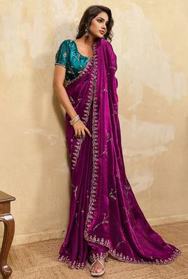 Magenta metallic velvet satin cutdana-beads, sequins, zari work saree with blouse 3