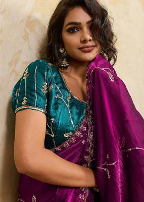 Magenta metallic velvet satin cutdana-beads, sequins, zari work saree with blouse 4