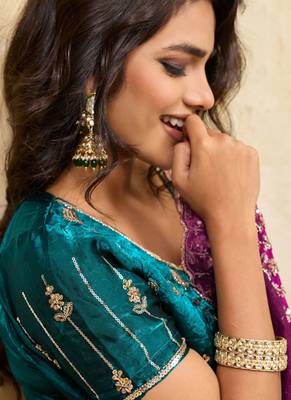 Magenta metallic velvet satin cutdana-beads, sequins, zari work saree with blouse 5