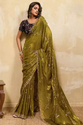 Olive metallic velvet satin cutdana-beads, sequins, zari work saree with blouse