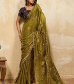 Olive metallic velvet satin cutdana-beads, sequins, zari work saree with blouse