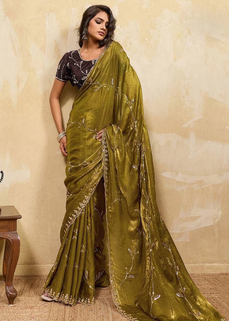 Olive metallic velvet satin cutdana-beads, sequins, zari work saree with blouse