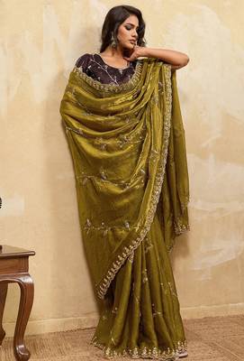 Olive metallic velvet satin cutdana-beads, sequins, zari work saree with blouse 2