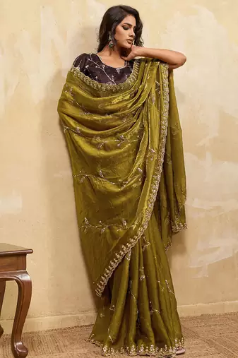 Olive metallic velvet satin cutdana-beads, sequins, zari work saree with blouse