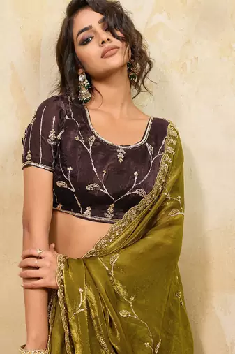 Olive metallic velvet satin cutdana-beads, sequins, zari work saree with blouse